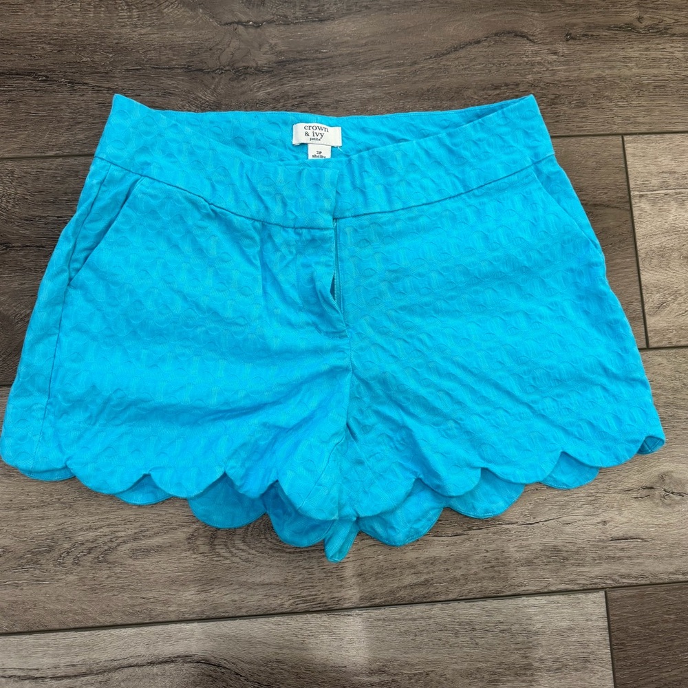 Crown & Ivy Vibrant Blue Scalloped High Waist Shorts